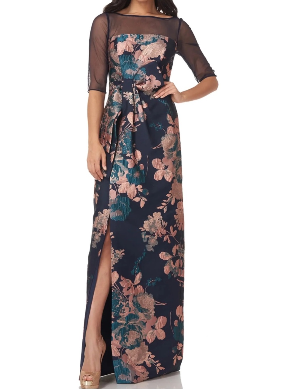 NWT Kay Unger Floral Evening Gown with Sheer Illusion Neckline Size 4